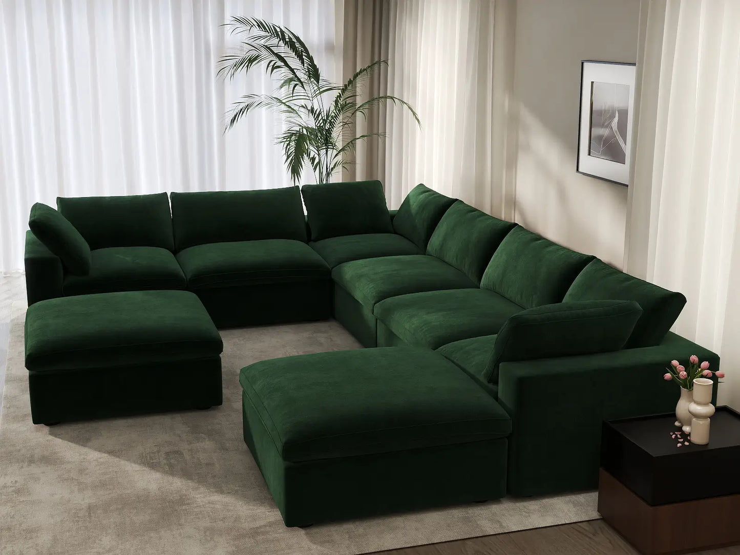 Deluxe Cloud 6-Seater Olive Green Sofa Set | 8-Piece (Includes 2 Ottomans), Velvet Fabric, Living Room, Washable Cushion Covers