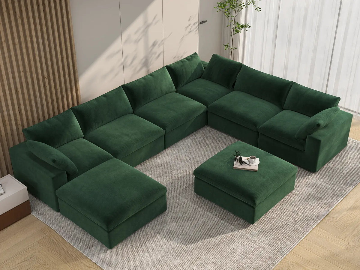 Deluxe Cloud 6-Seater Olive Green Sofa Set | 8-Piece (Includes 2 Ottomans), Velvet Fabric, Living Room, Washable Cushion Covers