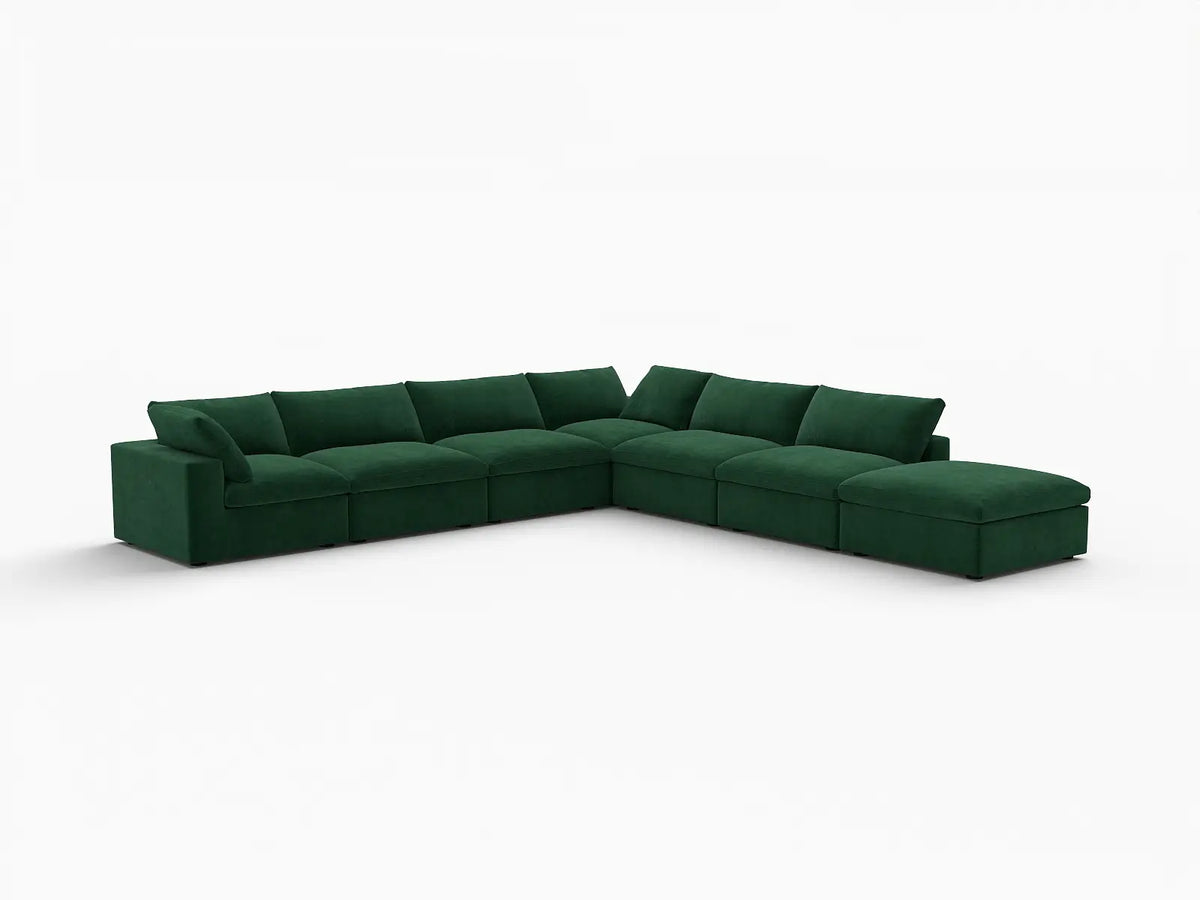 Deluxe Cloud 6-Seater Olive Green V-Shaped Sectional | 7-Piece (Includes 1 Ottoman), Velvet Fabric, Living Room Seating, Washable Cushion Covers