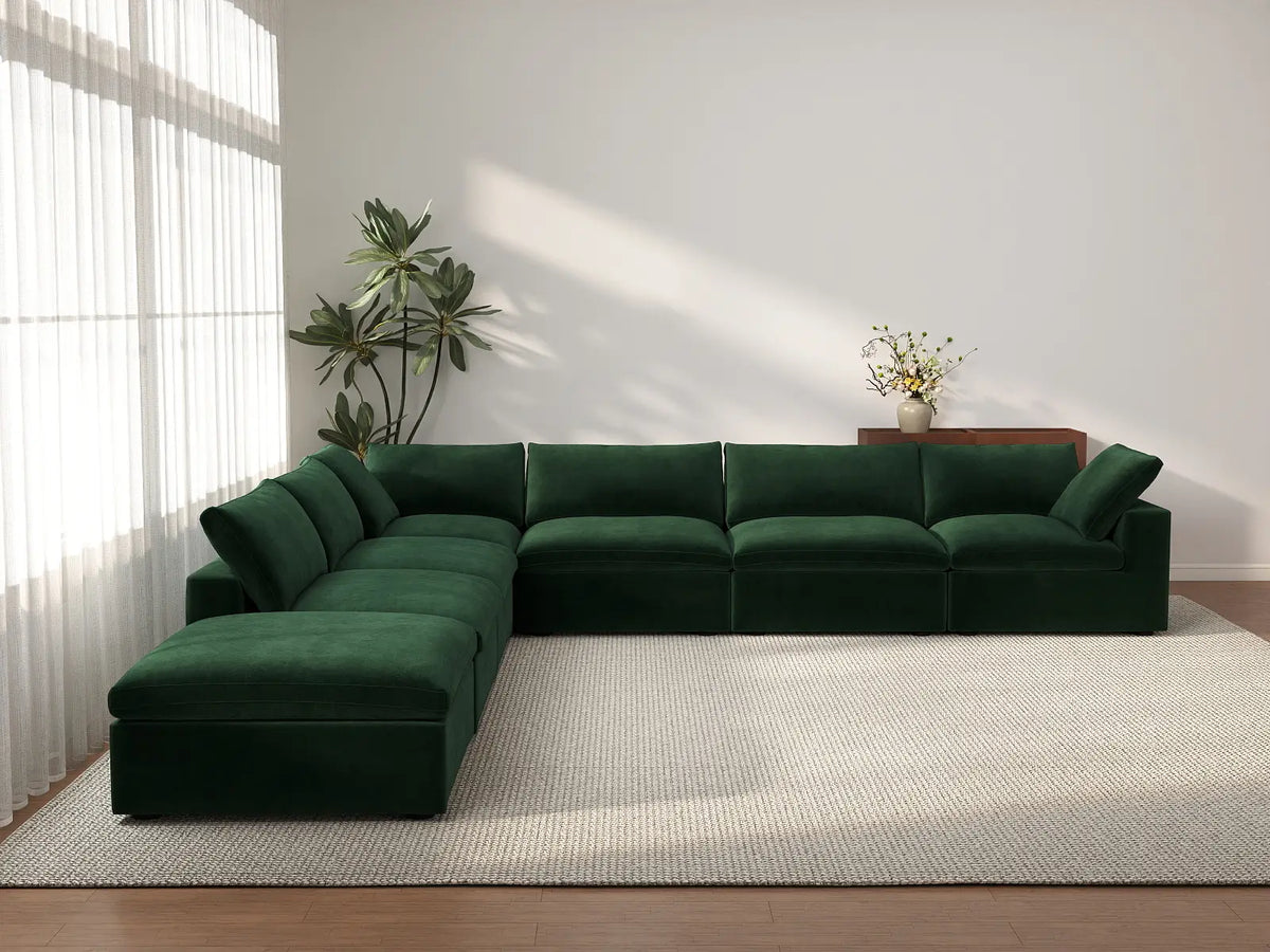Deluxe Cloud 6-Seater Olive Green V-Shaped Sectional | 7-Piece (Includes 1 Ottoman), Velvet Fabric, Living Room Seating, Washable Cushion Covers