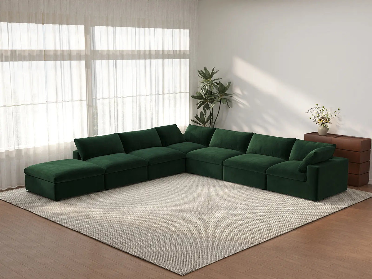 Deluxe Cloud 6-Seater Olive Green V-Shaped Sectional | 7-Piece (Includes 1 Ottoman), Velvet Fabric, Living Room Seating, Washable Cushion Covers
