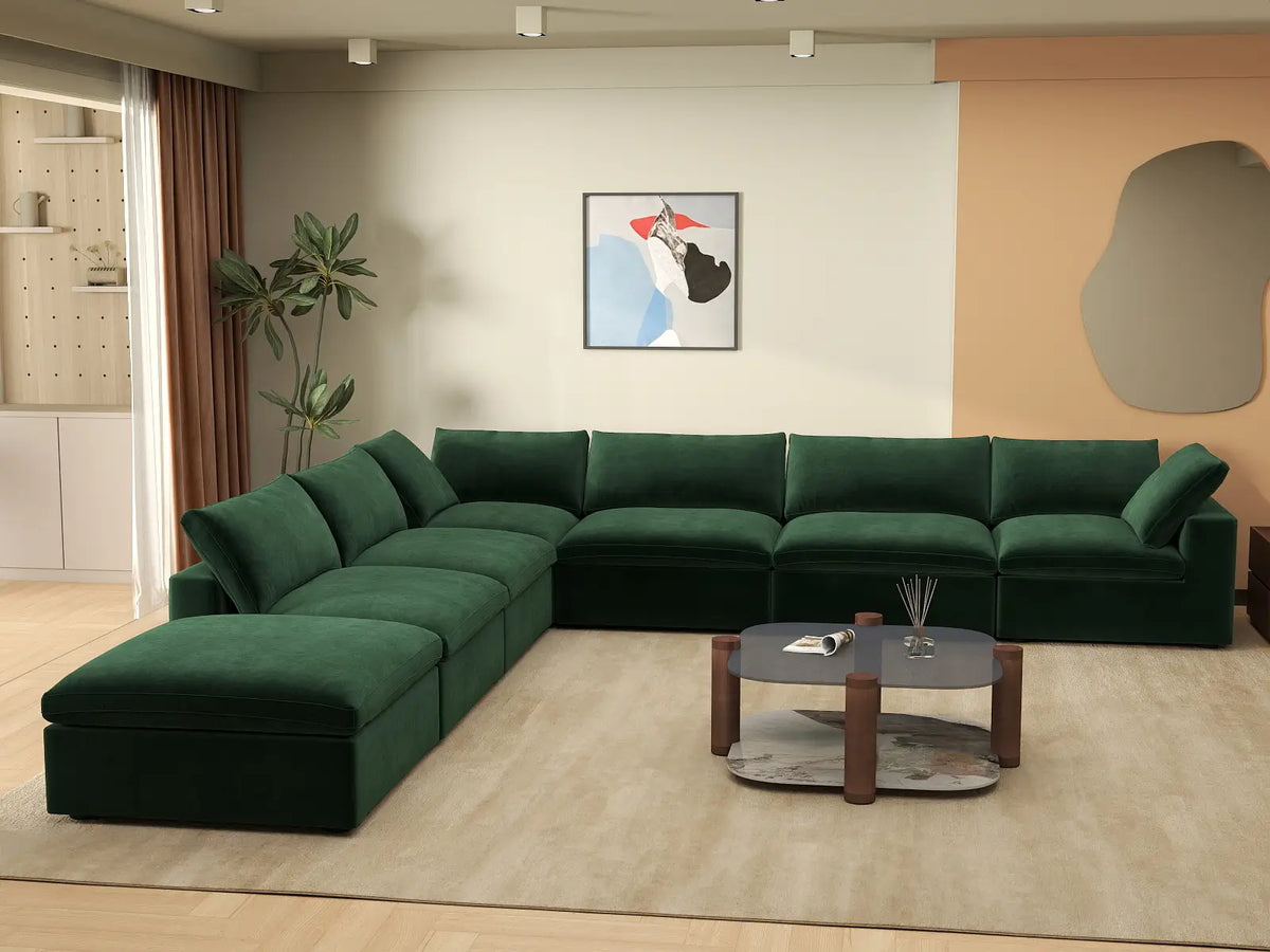 Deluxe Cloud 6-Seater Olive Green V-Shaped Sectional | 7-Piece (Includes 1 Ottoman), Velvet Fabric, Living Room Seating, Washable Cushion Covers