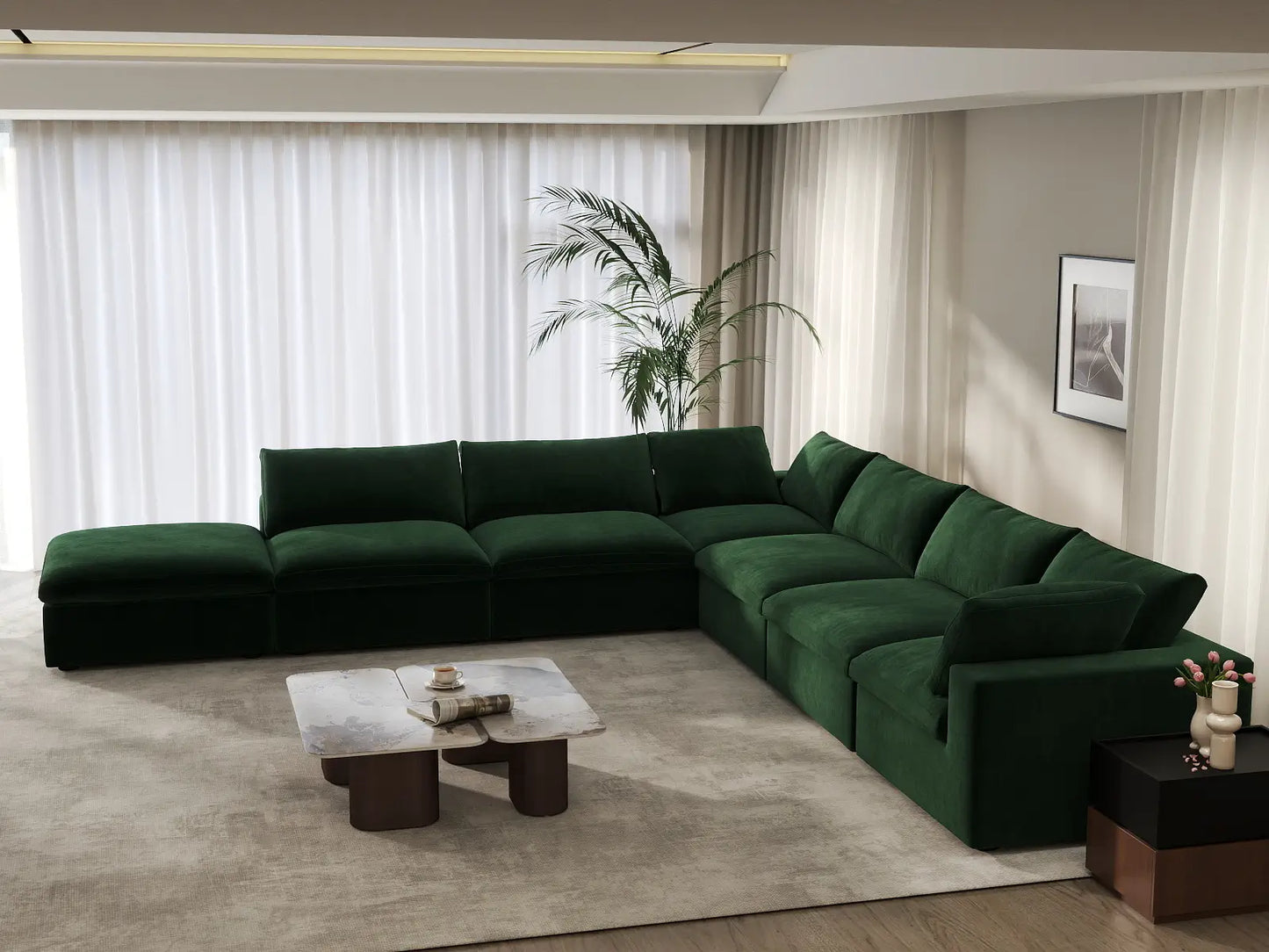 Deluxe Cloud 6-Seater Olive Green V-Shaped Sectional | 7-Piece (Includes 1 Ottoman), Velvet Fabric, Living Room Seating, Washable Cushion Covers