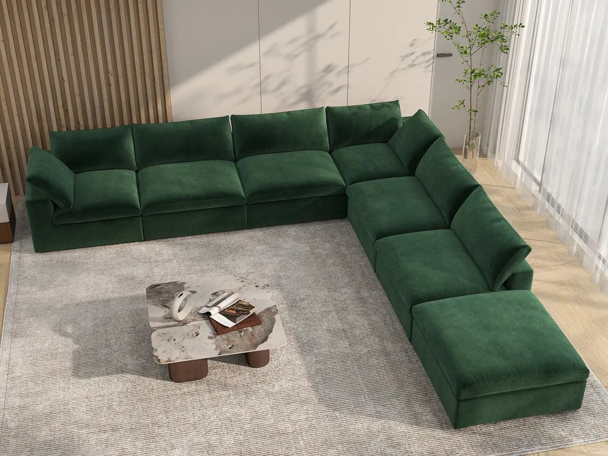 Deluxe Cloud 6-Seater Olive Green V-Shaped Sectional | 7-Piece (Includes 1 Ottoman), Velvet Fabric, Living Room Seating, Washable Cushion Covers