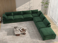 Deluxe Cloud 6-Seater Olive Green V-Shaped Sectional | 7-Piece (Includes 1 Ottoman), Velvet Fabric, Living Room Seating, Washable Cushion Covers