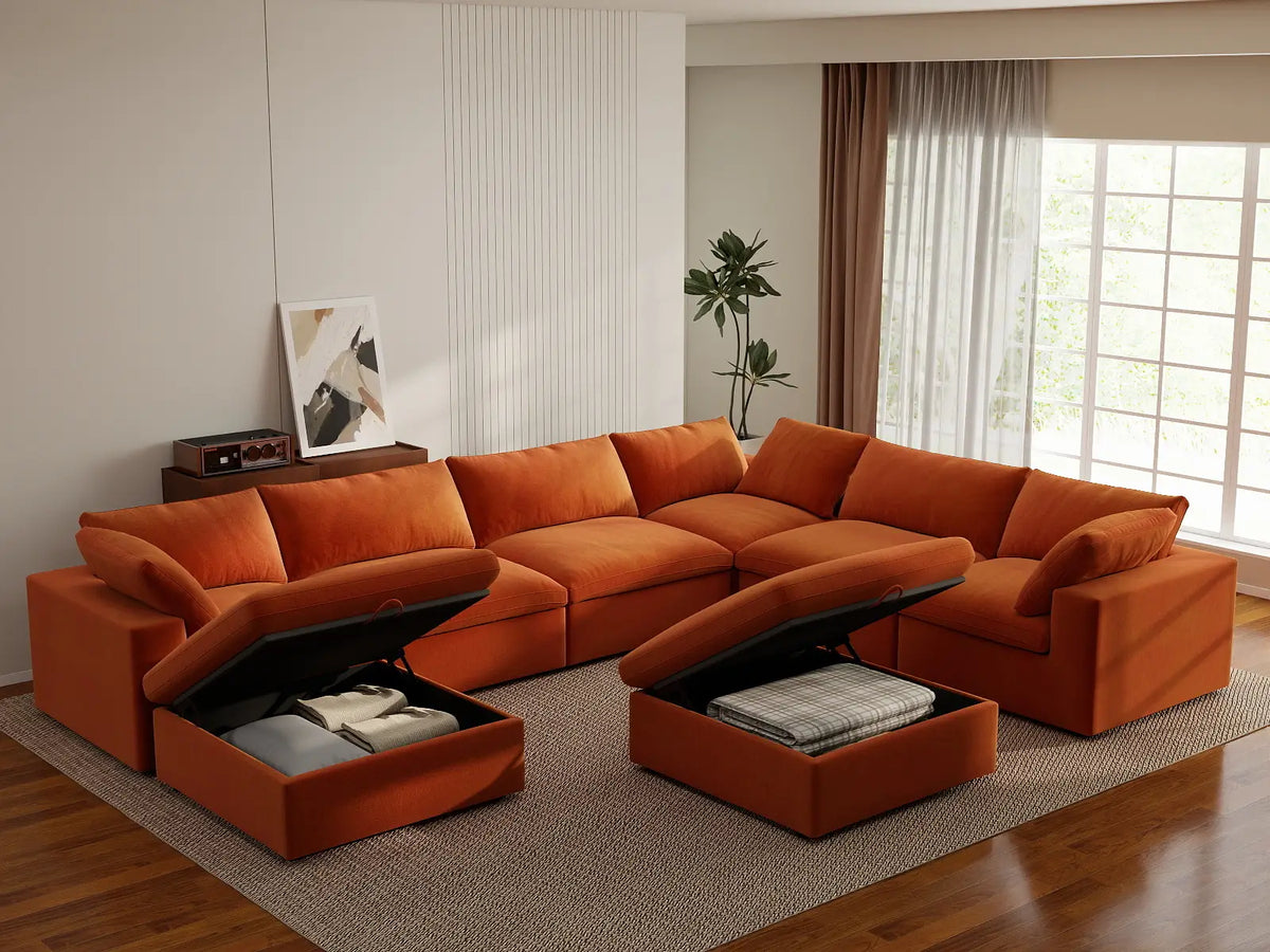 Deluxe Cloud 6-Seater Orange Sofa Set | 8-Piece (Includes 2 Ottomans), Velvet Fabric, Living Room, Washable Cushion Covers