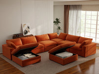 Deluxe Cloud 6-Seater Orange Sofa Set | 8-Piece (Includes 2 Ottomans), Velvet Fabric, Living Room, Washable Cushion Covers