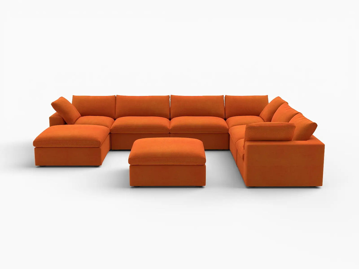 Deluxe Cloud 6-Seater Orange Sofa Set | 8-Piece (Includes 2 Ottomans), Velvet Fabric, Living Room, Washable Cushion Covers