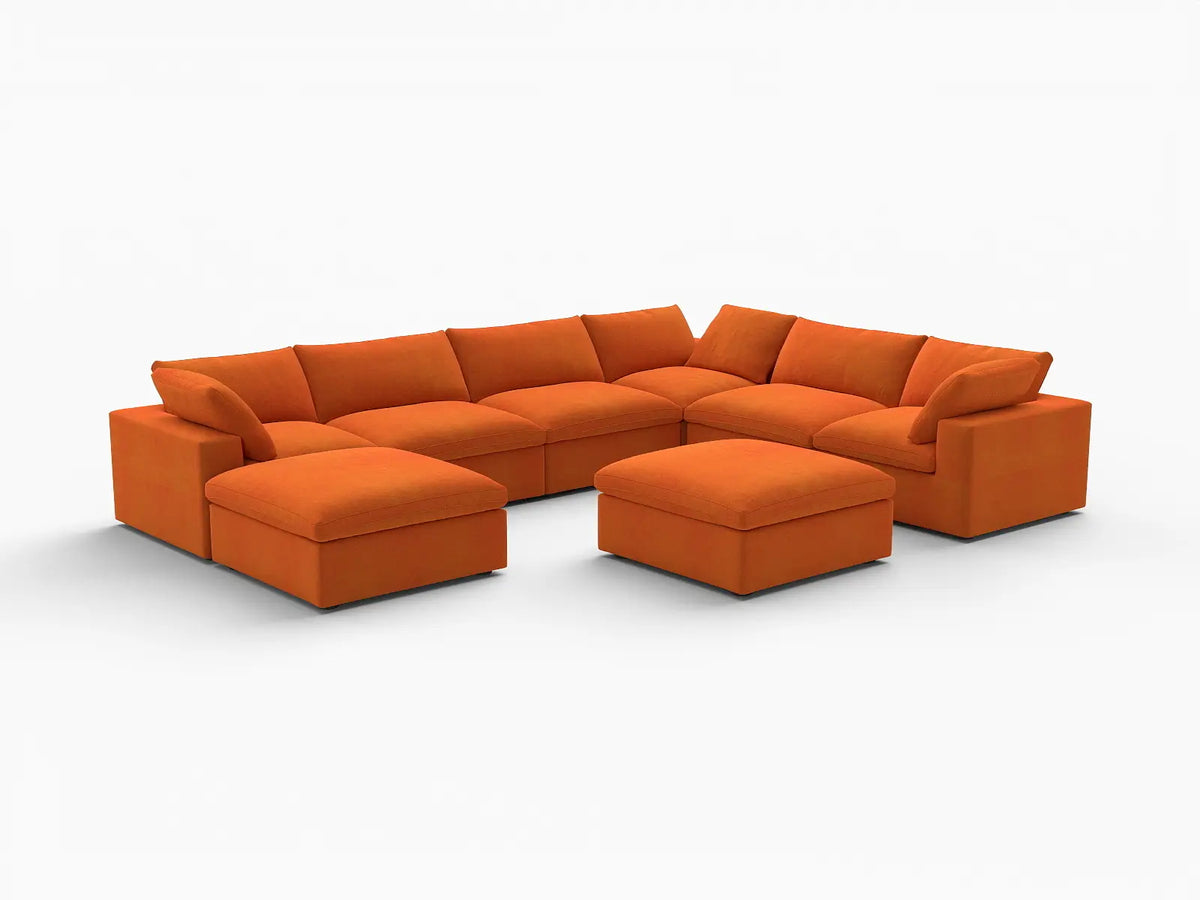 Deluxe Cloud 6-Seater Orange Sofa Set | 8-Piece (Includes 2 Ottomans), Velvet Fabric, Living Room, Washable Cushion Covers