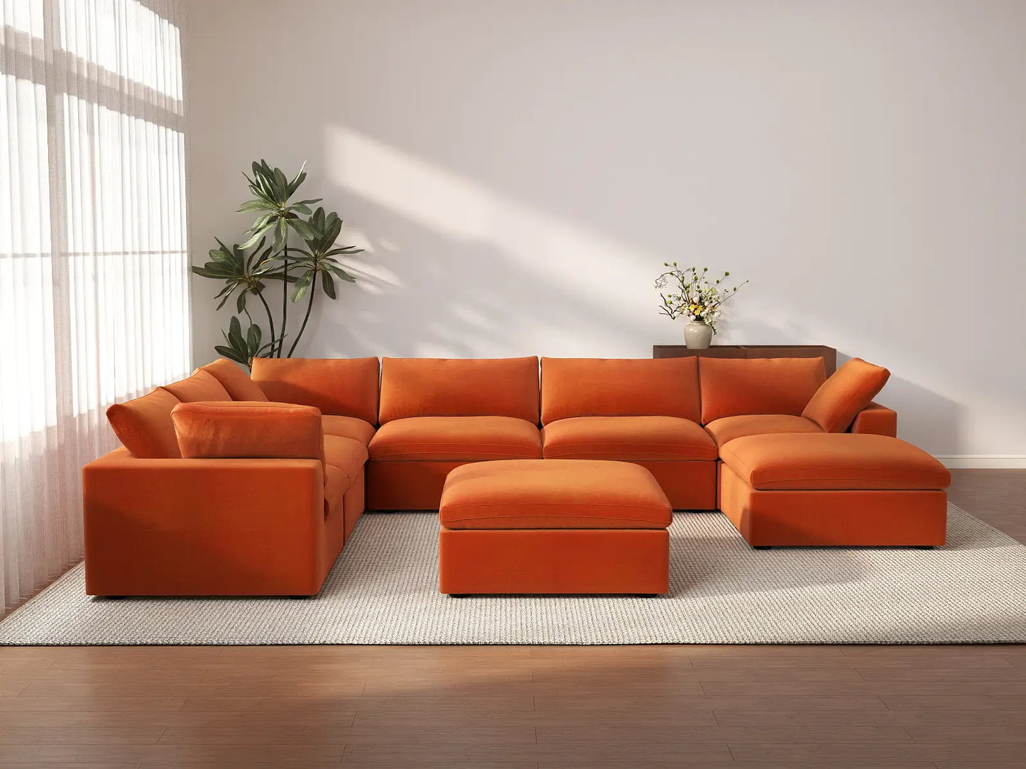 Deluxe Cloud 6-Seater Orange Sofa Set | 8-Piece (Includes 2 Ottomans), Velvet Fabric, Living Room, Washable Cushion Covers