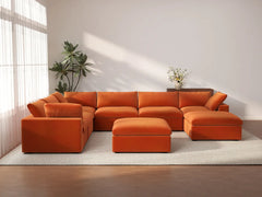 Deluxe Cloud 6-Seater Orange Sofa Set | 8-Piece (Includes 2 Ottomans), Velvet Fabric, Living Room, Washable Cushion Covers