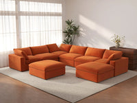 Deluxe Cloud 6-Seater Orange Sofa Set | 8-Piece (Includes 2 Ottomans), Velvet Fabric, Living Room, Washable Cushion Covers