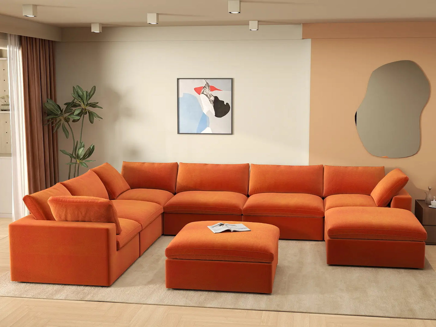 Deluxe Cloud 6-Seater Orange Sofa Set | 8-Piece (Includes 2 Ottomans), Velvet Fabric, Living Room, Washable Cushion Covers