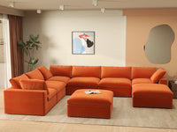 Deluxe Cloud 6-Seater Orange Sofa Set | 8-Piece (Includes 2 Ottomans), Velvet Fabric, Living Room, Washable Cushion Covers