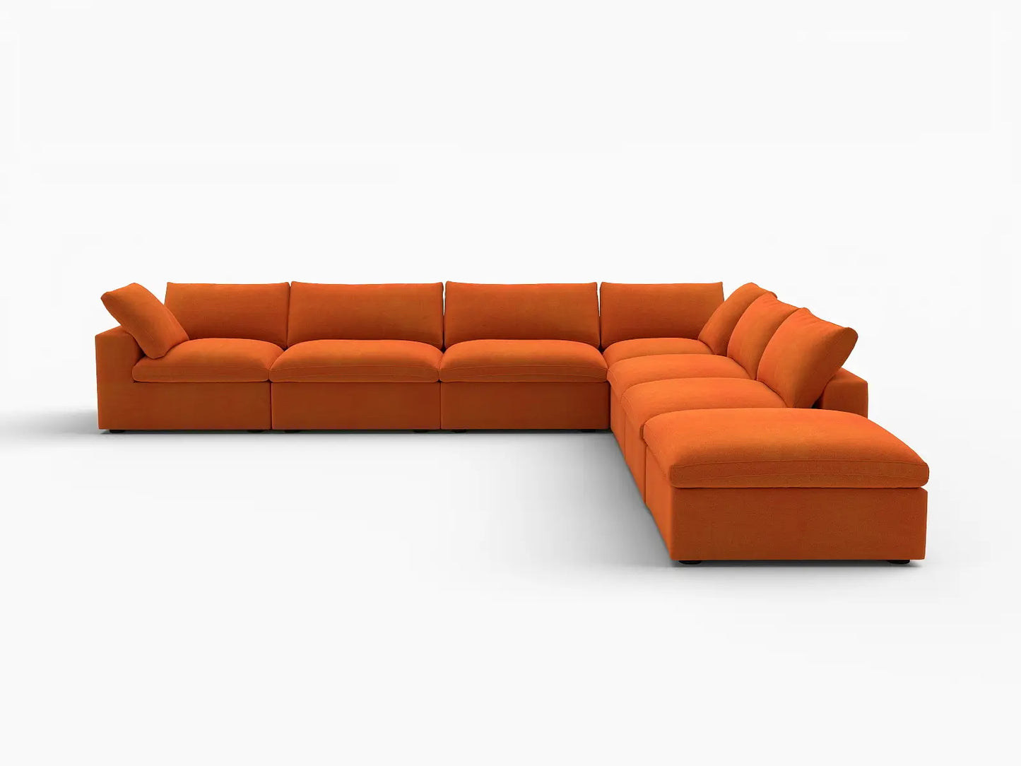 Deluxe Cloud 6-Seater Orange V-Shaped Sectional | 7-Piece (Includes 1 Ottoman), Velvet Fabric, Living Room Seating, Washable Cushion Covers