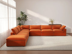 Deluxe Cloud 6-Seater Orange V-Shaped Sectional | 7-Piece (Includes 1 Ottoman), Velvet Fabric, Living Room Seating, Washable Cushion Covers