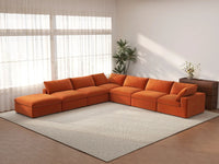 Deluxe Cloud 6-Seater Orange V-Shaped Sectional | 7-Piece (Includes 1 Ottoman), Velvet Fabric, Living Room Seating, Washable Cushion Covers