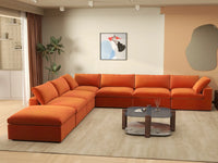 Deluxe Cloud 6-Seater Orange V-Shaped Sectional | 7-Piece (Includes 1 Ottoman), Velvet Fabric, Living Room Seating, Washable Cushion Covers