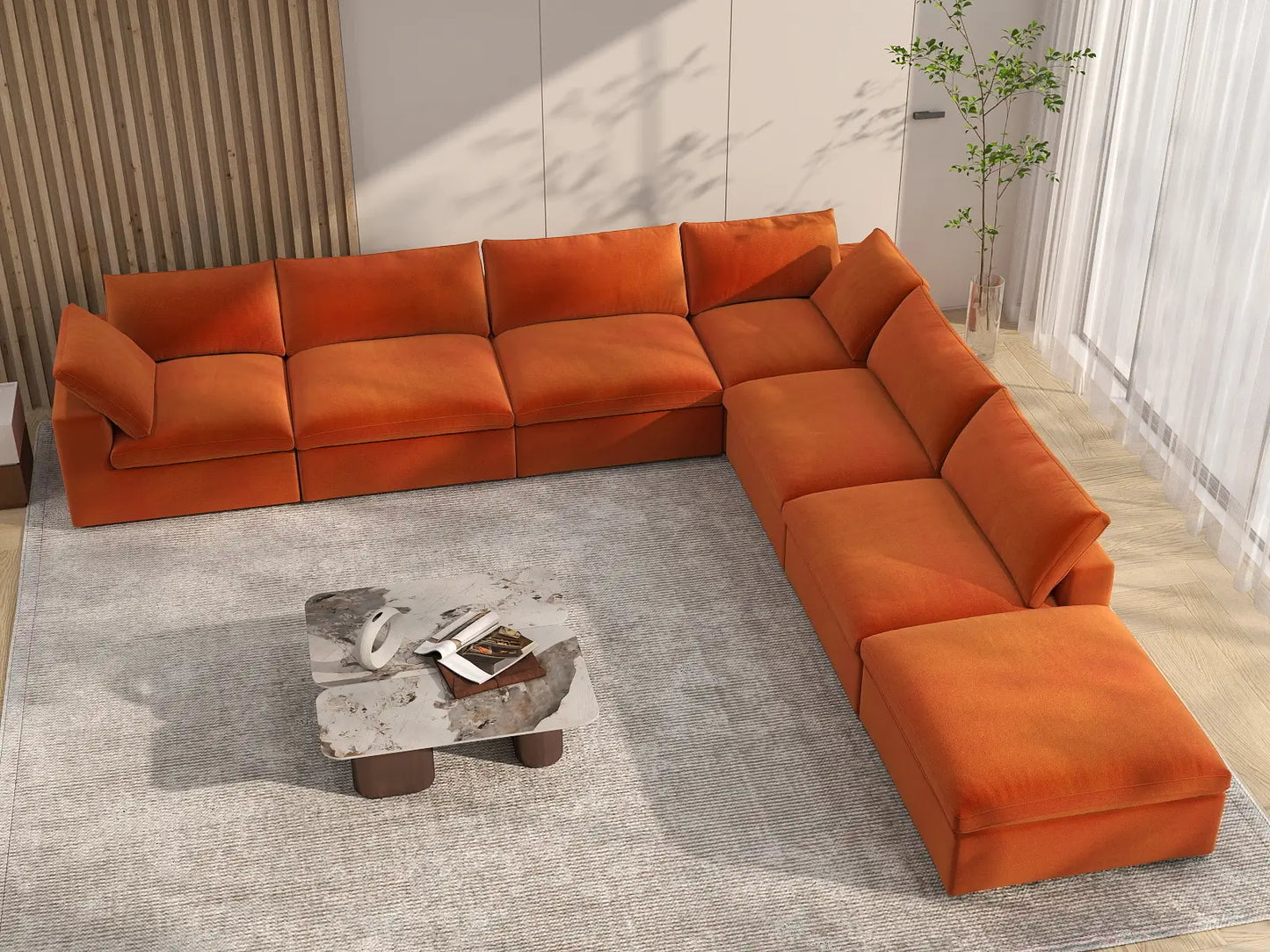 Deluxe Cloud 6-Seater Orange V-Shaped Sectional | 7-Piece (Includes 1 Ottoman), Velvet Fabric, Living Room Seating, Washable Cushion Covers
