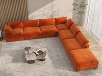 Deluxe Cloud 6-Seater Orange V-Shaped Sectional | 7-Piece (Includes 1 Ottoman), Velvet Fabric, Living Room Seating, Washable Cushion Covers