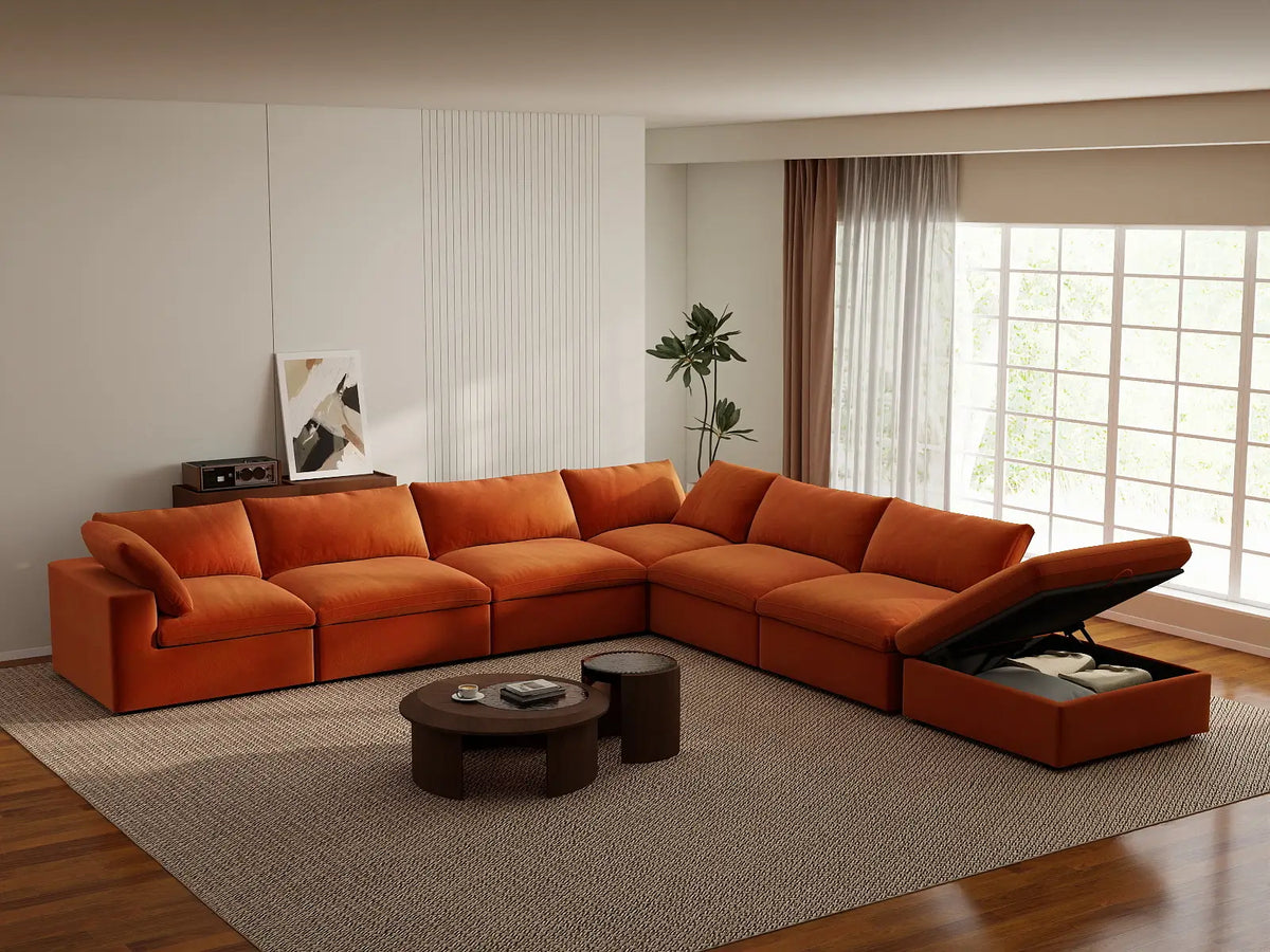 Deluxe Cloud 6-Seater Orange V-Shaped Sectional | 7-Piece (Includes 1 Ottoman), Velvet Fabric, Living Room Seating, Washable Cushion Covers