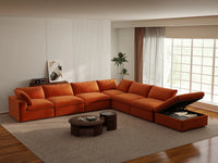 Deluxe Cloud 6-Seater Orange V-Shaped Sectional | 7-Piece (Includes 1 Ottoman), Velvet Fabric, Living Room Seating, Washable Cushion Covers