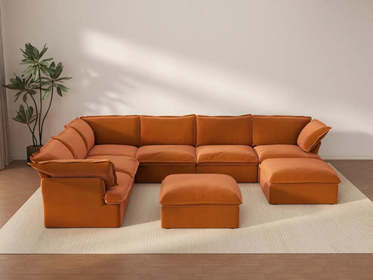 Deluxe Cloud 6-Seater Oversized Sectional Sofa | 8-Piece (includes 2 ottomans), Velvet Fabric, Storage Ottoman