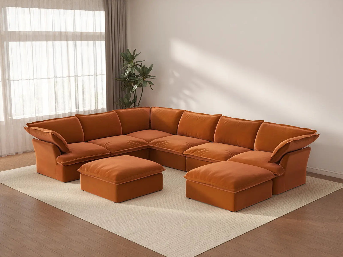 Sofá Seccional Oversize de 6 Plazas Deluxe Cloud | 8 piezas (incluye 2 otomanas), Tela de Terciopelo, Otomana con Almacenamiento
