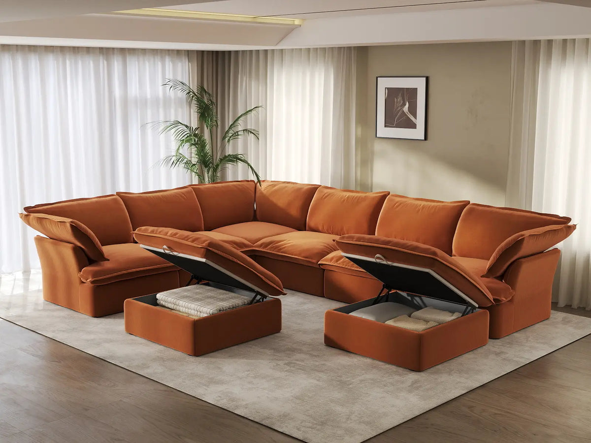 Sofá Seccional Oversize de 6 Plazas Deluxe Cloud | 8 piezas (incluye 2 otomanas), Tela de Terciopelo, Otomana con Almacenamiento