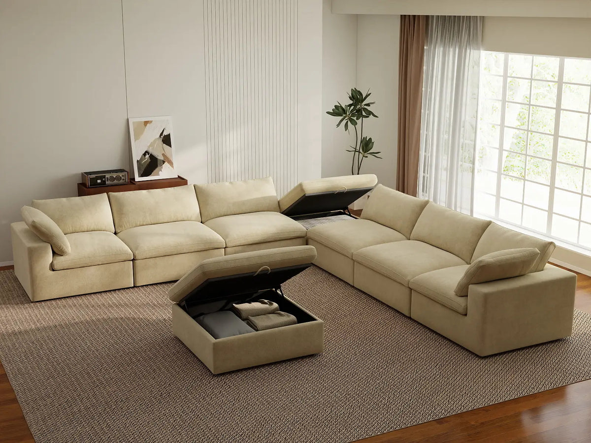 Deluxe Cloud 6-Seater Sofa Set in Beige Velvet | 8-Piece (Includes 2 Ottomans), Living Room, Easy To Clean, Open Space