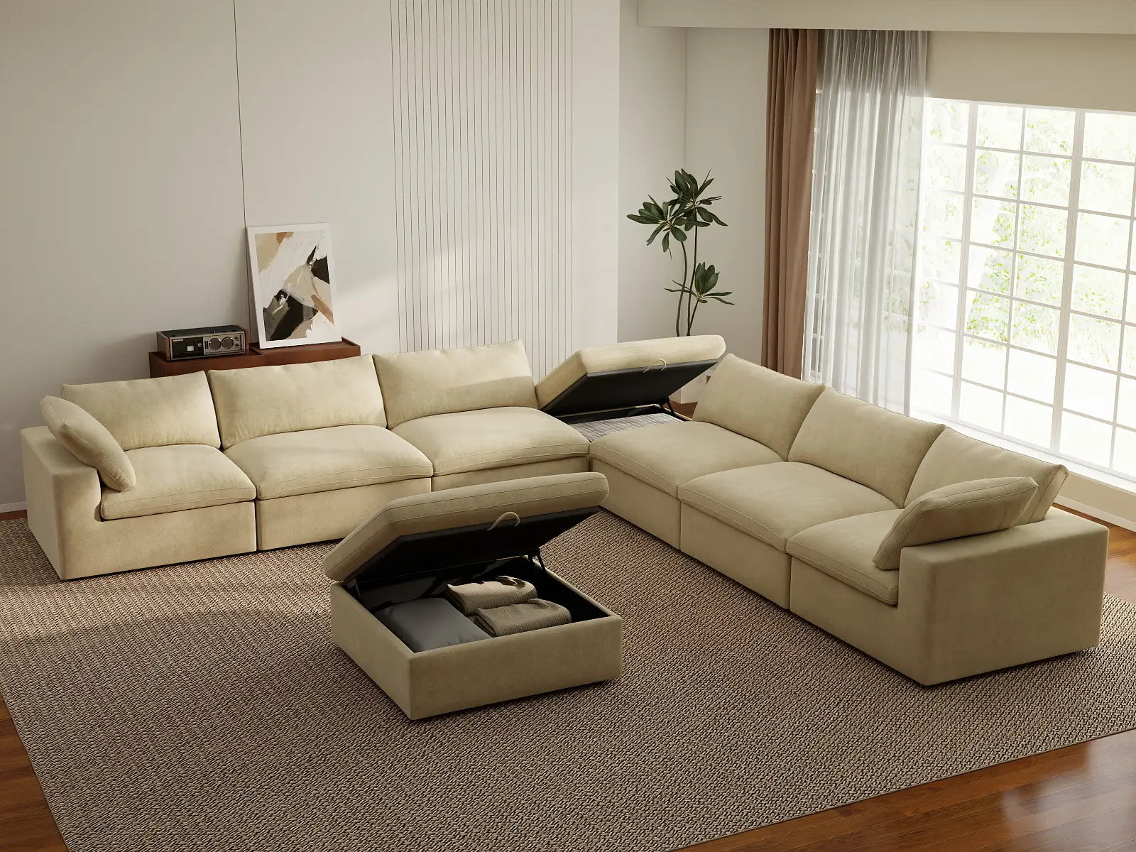 Deluxe Cloud 6-Seater Sofa Set in Beige Velvet | 8-Piece (Includes 2 Ottomans), Living Room, Easy To Clean, Open Space