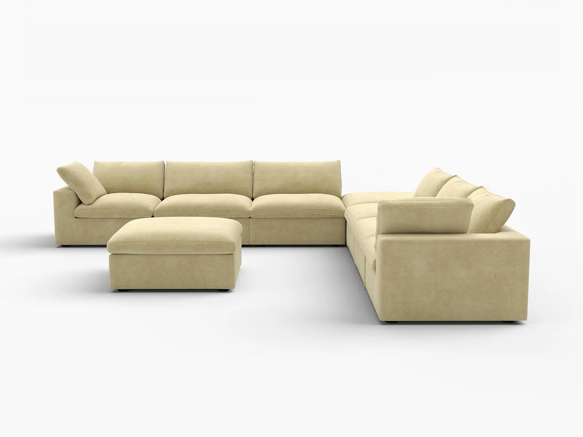 Deluxe Cloud 6-Seater Sofa Set in Beige Velvet | 8-Piece (Includes 2 Ottomans), Living Room, Easy To Clean, Open Space