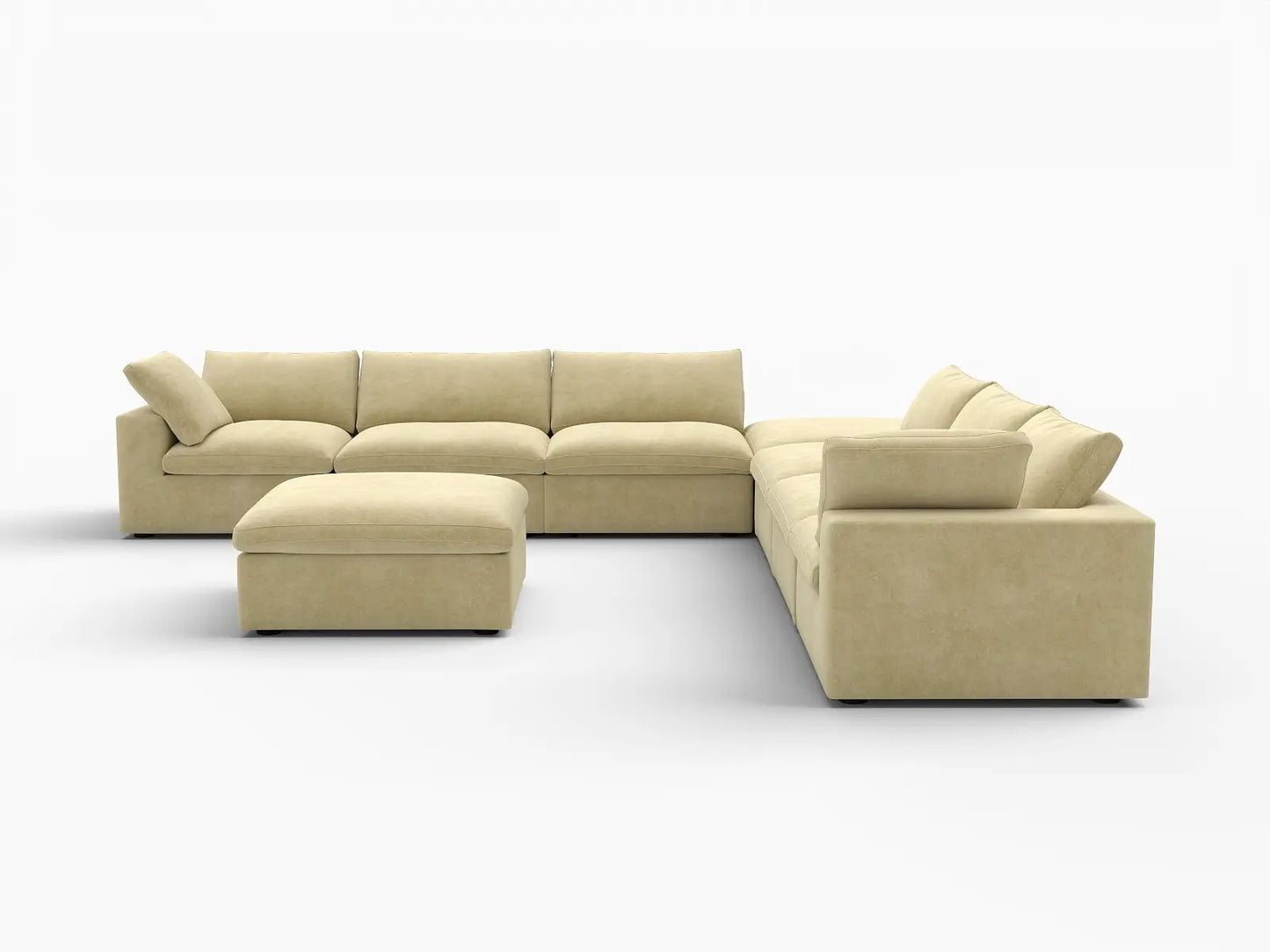 Deluxe Cloud 6-Seater Sofa Set in Beige Velvet | 8-Piece (Includes 2 Ottomans), Living Room, Easy To Clean, Open Space