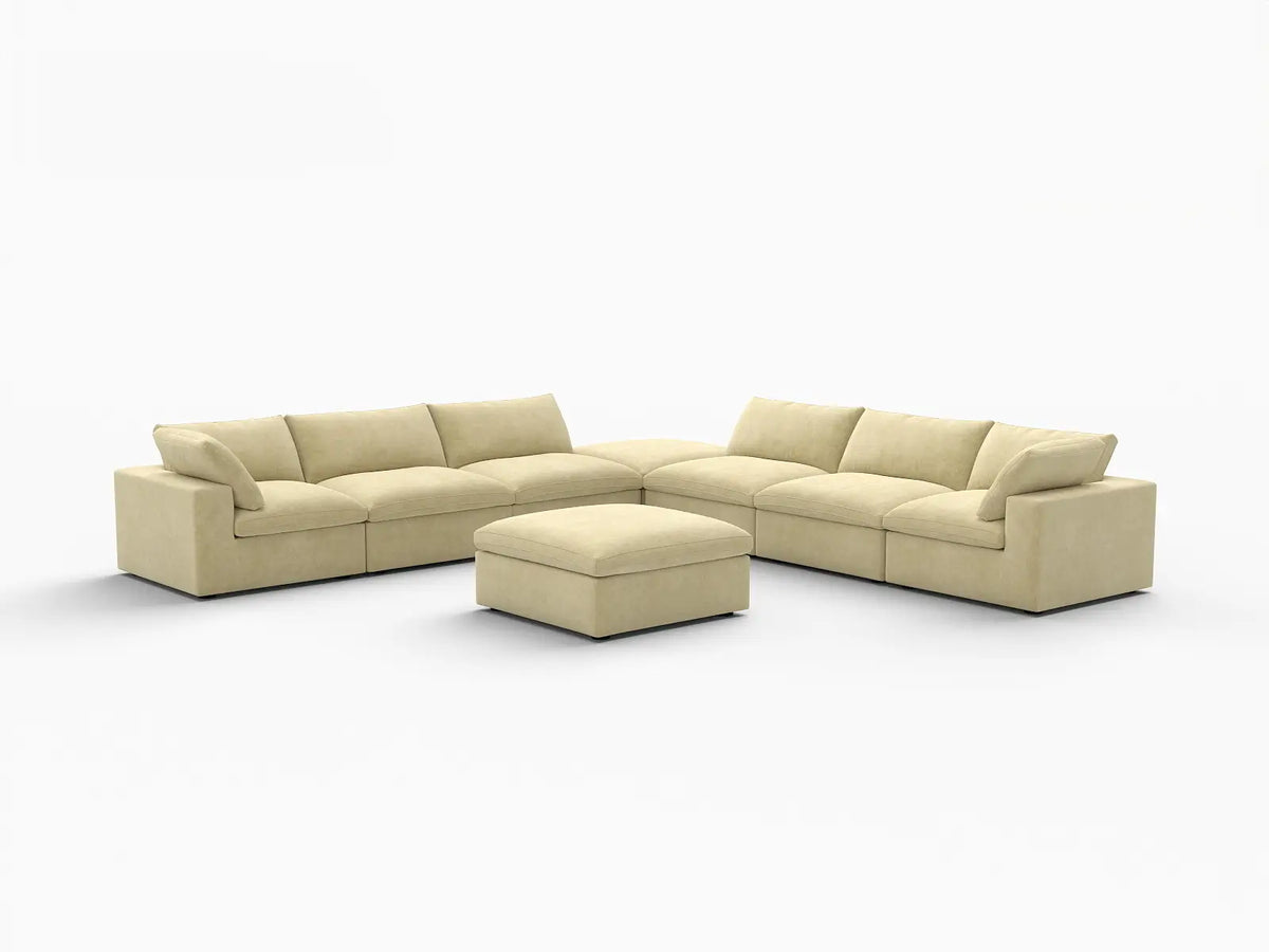 Deluxe Cloud 6-Seater Sofa Set in Beige Velvet | 8-Piece (Includes 2 Ottomans), Living Room, Easy To Clean, Open Space