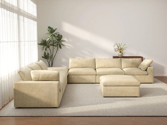 Deluxe Cloud 6-Seater Sofa Set in Beige Velvet | 8-Piece (Includes 2 Ottomans), Living Room, Easy To Clean, Open Space