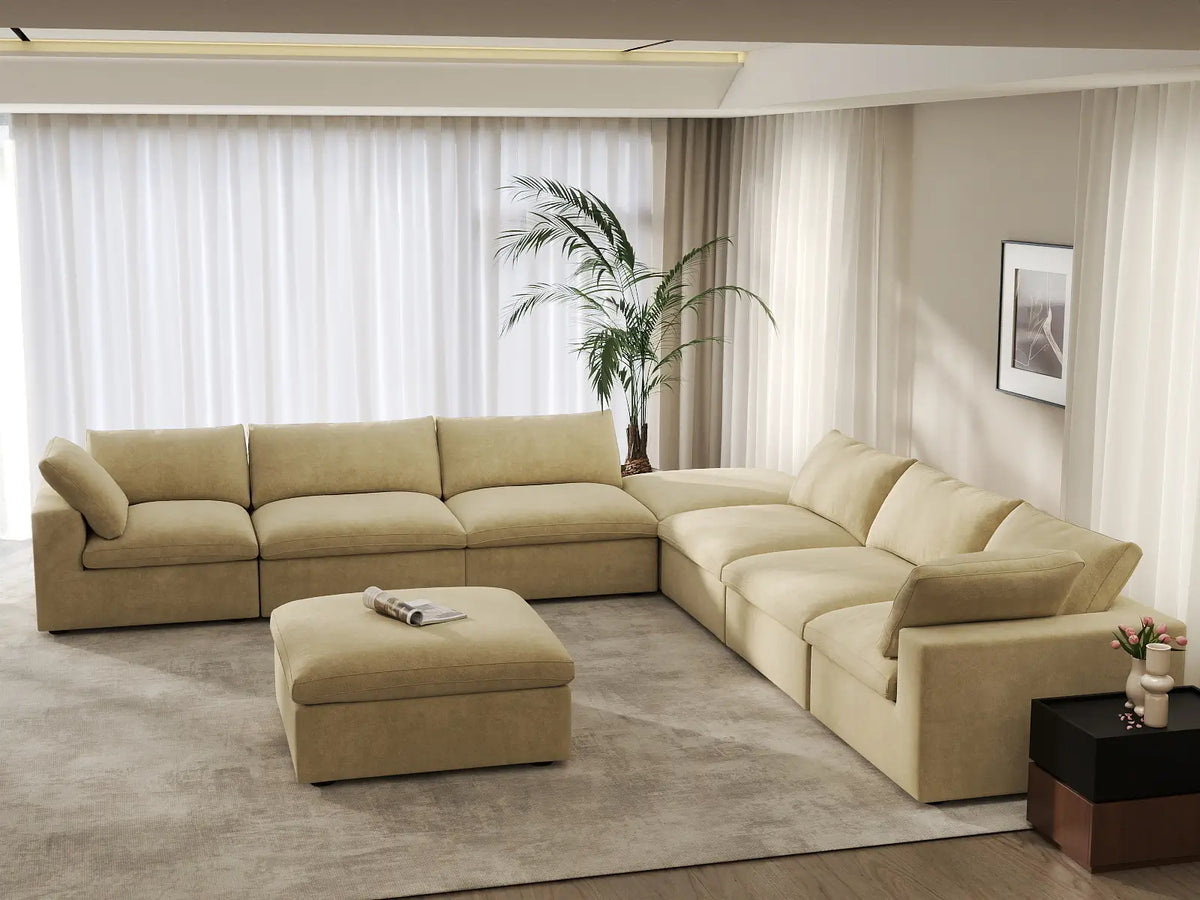 Deluxe Cloud 6-Seater Sofa Set in Beige Velvet | 8-Piece (Includes 2 Ottomans), Living Room, Easy To Clean, Open Space