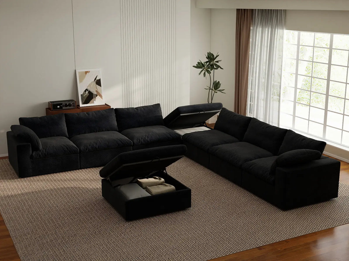Deluxe Cloud 6-Seater Sofa Set in Black Cotton And Linen | 8-Piece (Includes 2 Ottomans), Living Room, Easy To Clean, Open Space