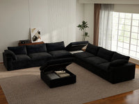Deluxe Cloud 6-Seater Sofa Set in Black Cotton And Linen | 8-Piece (Includes 2 Ottomans), Living Room, Easy To Clean, Open Space