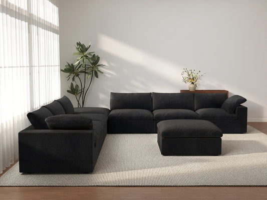 Deluxe Cloud 6-Seater Sofa Set in Black Cotton And Linen | 8-Piece (Includes 2 Ottomans), Living Room, Easy To Clean, Open Space