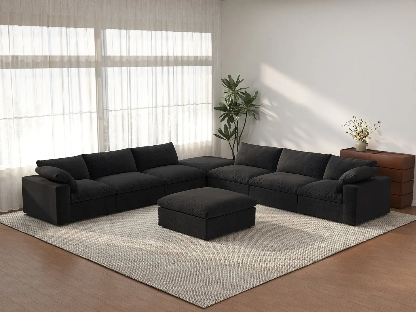 Deluxe Cloud 6-Seater Sofa Set in Black Cotton And Linen | 8-Piece (Includes 2 Ottomans), Living Room, Easy To Clean, Open Space