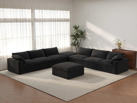 Deluxe Cloud 6-Seater Sofa Set in Black Cotton And Linen | 8-Piece (Includes 2 Ottomans), Living Room, Easy To Clean, Open Space