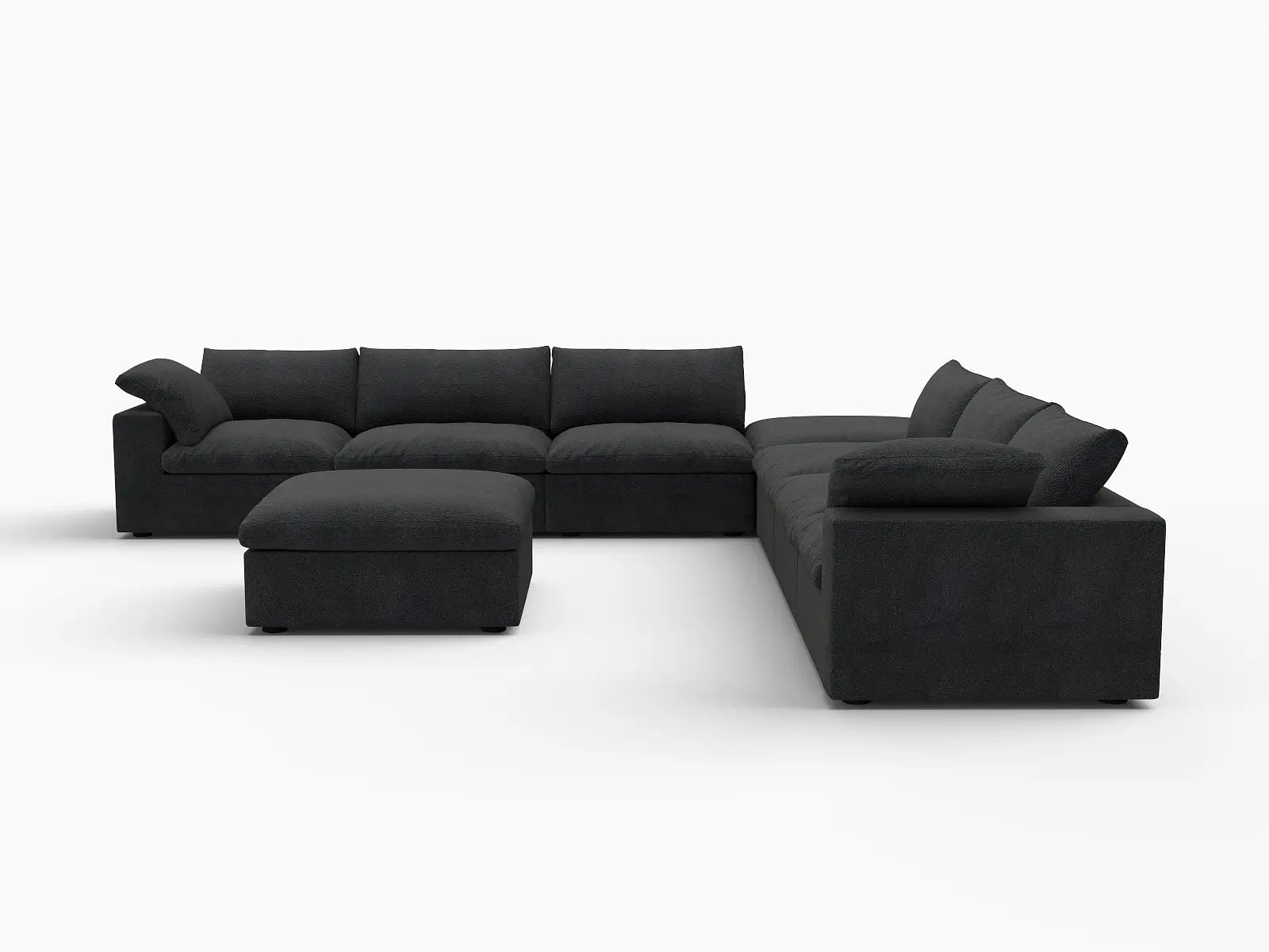 Deluxe Cloud 6-Seater Sofa Set in Black Cotton And Linen | 8-Piece (Includes 2 Ottomans), Living Room, Easy To Clean, Open Space
