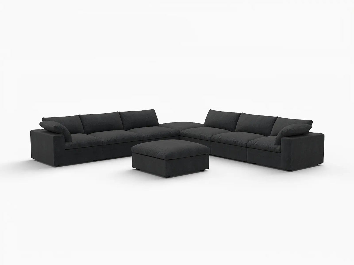 Deluxe Cloud 6-Seater Sofa Set in Black Cotton And Linen | 8-Piece (Includes 2 Ottomans), Living Room, Easy To Clean, Open Space