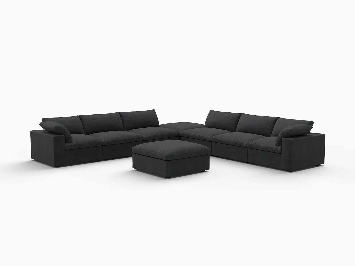 Deluxe Cloud 6-Seater Sofa Set in Black Cotton And Linen | 8-Piece (Includes 2 Ottomans), Living Room, Easy To Clean, Open Space