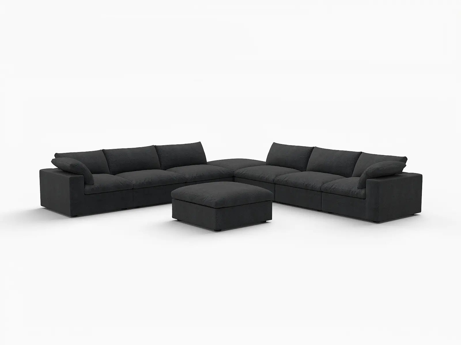 Deluxe Cloud 6-Seater Sofa Set in Black Cotton And Linen | 8-Piece (Includes 2 Ottomans), Living Room, Easy To Clean, Open Space