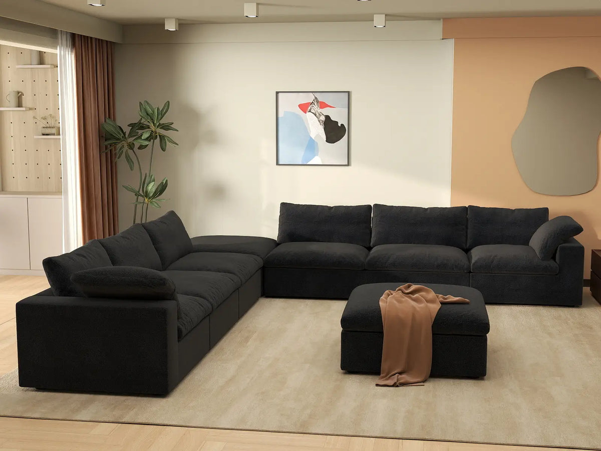 Deluxe Cloud 6-Seater Sofa Set in Black Cotton And Linen | 8-Piece (Includes 2 Ottomans), Living Room, Easy To Clean, Open Space