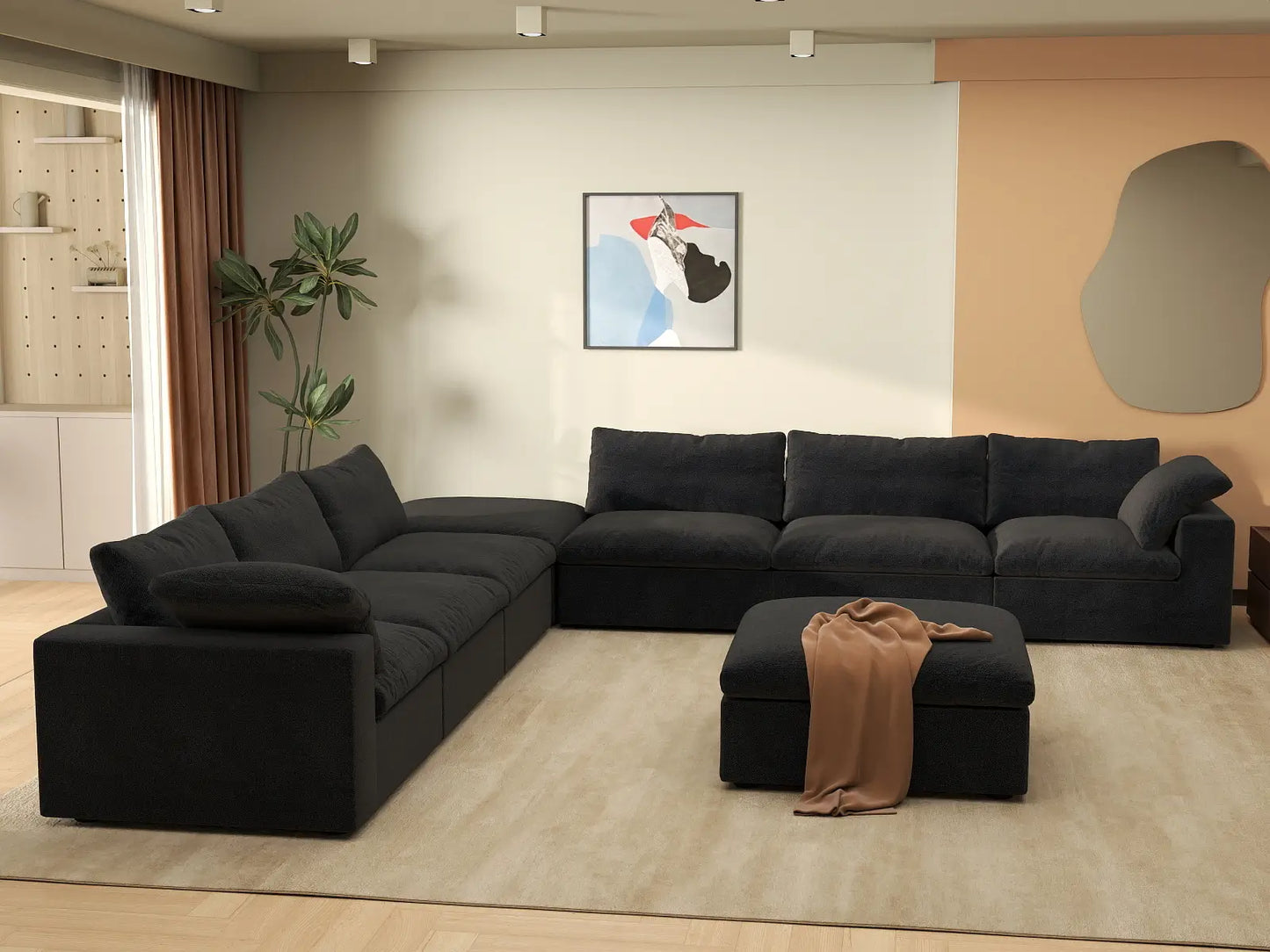 Deluxe Cloud 6-Seater Sofa Set in Black Cotton And Linen | 8-Piece (Includes 2 Ottomans), Living Room, Easy To Clean, Open Space