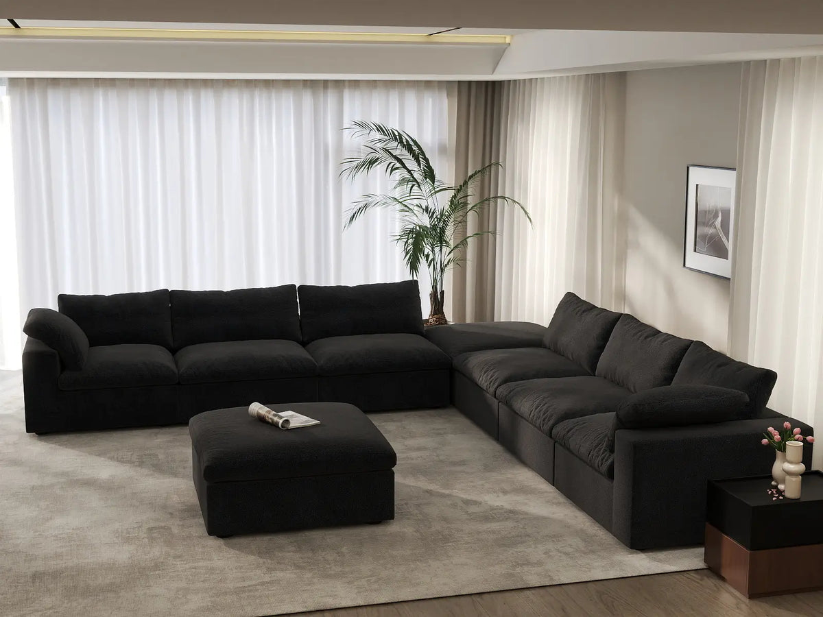Deluxe Cloud 6-Seater Sofa Set in Black Cotton And Linen | 8-Piece (Includes 2 Ottomans), Living Room, Easy To Clean, Open Space