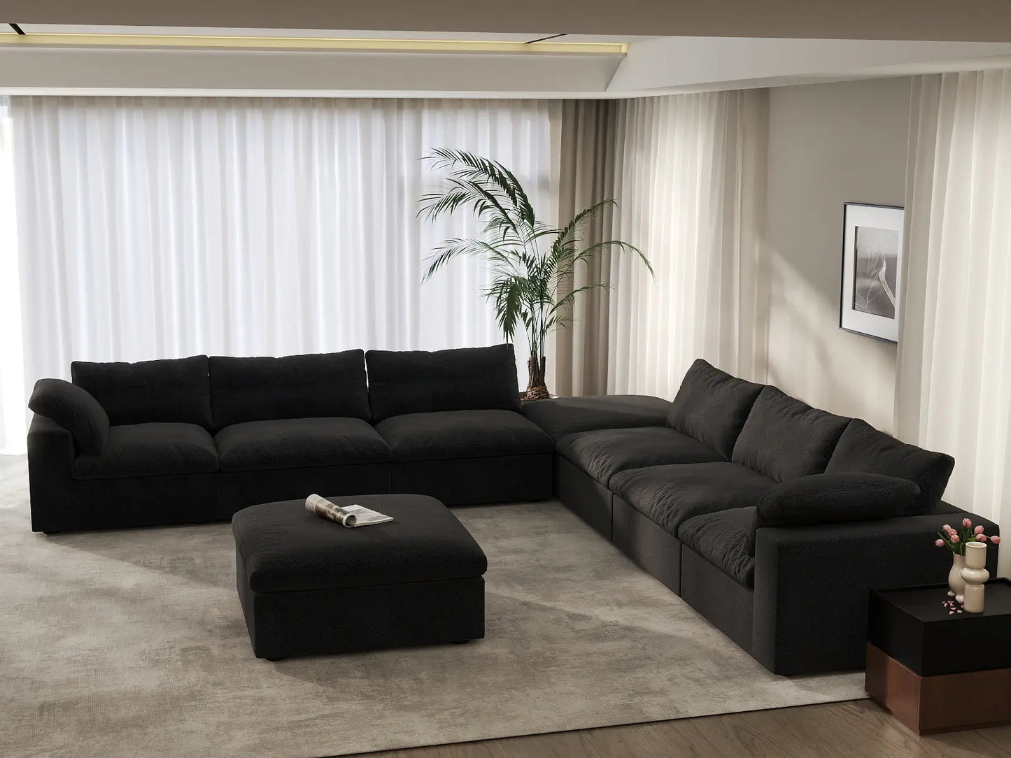 Deluxe Cloud 6-Seater Sofa Set in Black Cotton And Linen | 8-Piece (Includes 2 Ottomans), Living Room, Easy To Clean, Open Space