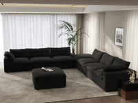 Deluxe Cloud 6-Seater Sofa Set in Black Cotton And Linen | 8-Piece (Includes 2 Ottomans), Living Room, Easy To Clean, Open Space